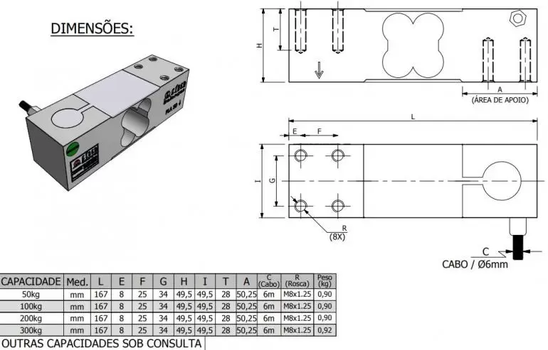 Dimensões - Célula de Carga PLA capacidade 50kg a 300kg