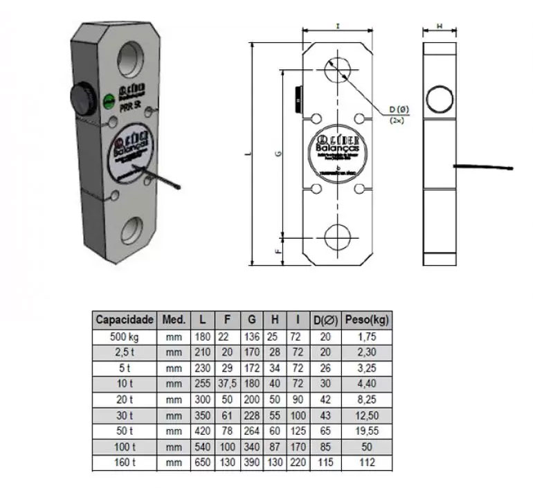 Dimensão - Balança Suspensa / Dinamômetro 1050G Com CR31 capacidade 500kg a 100t