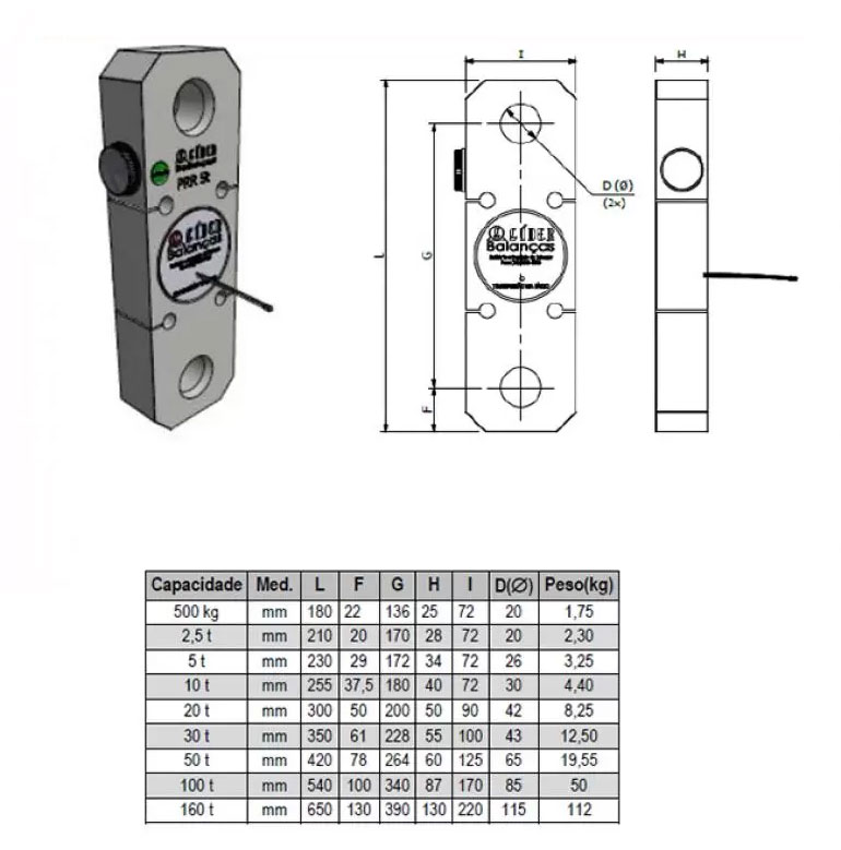 Dimensão - Balança Suspensa / Dinamômetro 1050G com Impressora capacidade 500kg a 100t