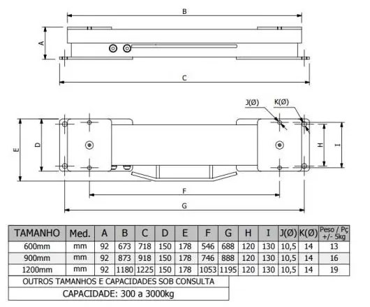 Dimensão - Barras De Pesagem Rádio Frequência LD 6000 capacidade 300kg a 3000kg