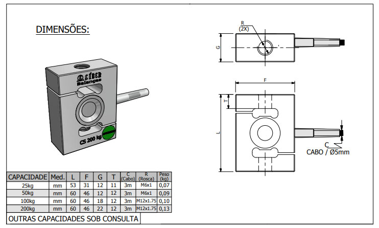 Dimensão - Célula de Carga CS capacidade 500kg a 10000kg