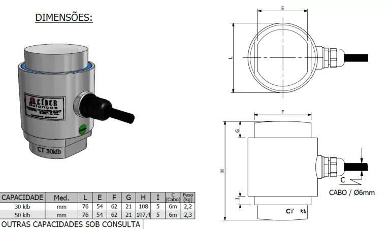 Dimensão - Célula de Carga CT capacidade 30klb a 50klb