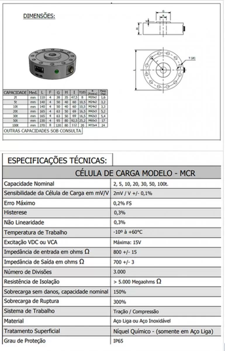 Dimensão - Célula de Carga MCR capacidade 2t a 100t