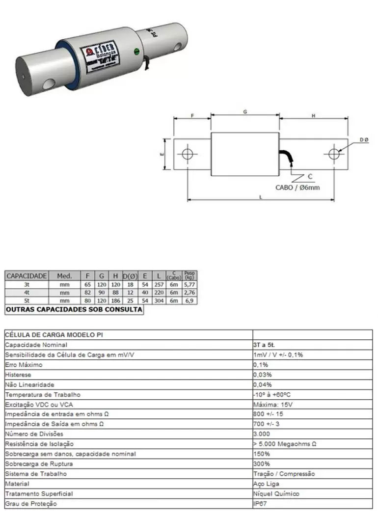 Dimensão  - Célula de Carga PI capacidade 3t a 5t