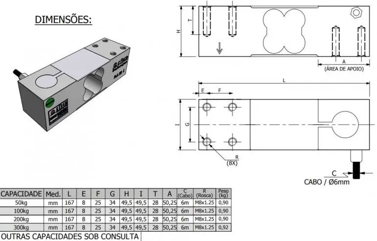 Dimensão - Célula de Carga PLA capacidade 50kg a 300kg