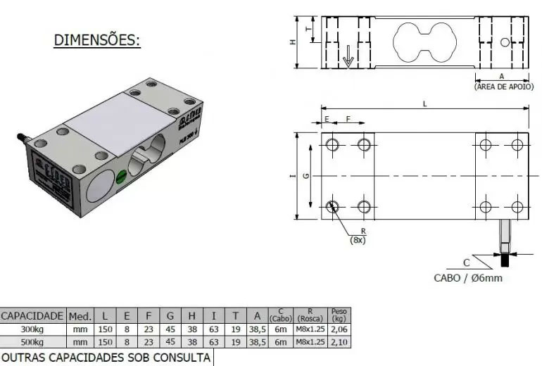 Dimensão - Célula de Carga PLB capacidade 300kg a 500kg
