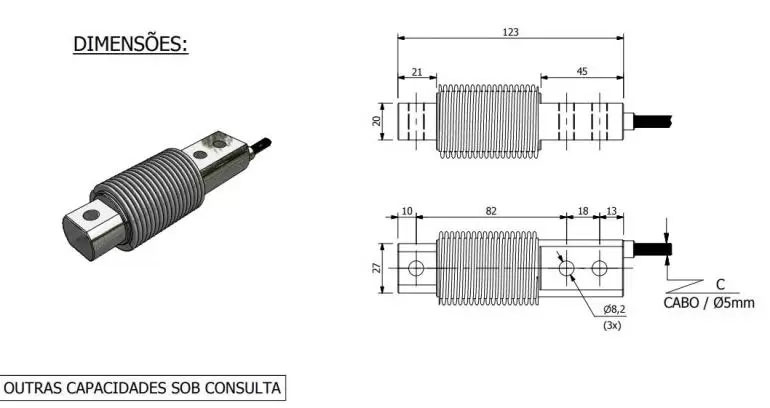 Dimensão  - Célula de Carga PLD capacidade 20kg a 200kg