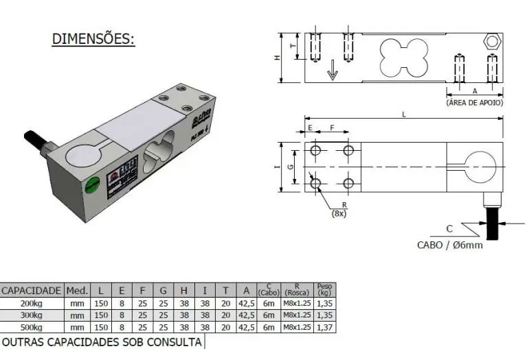Dimensão - Célula de Carga PLI capacidade 200kg a 500kg
