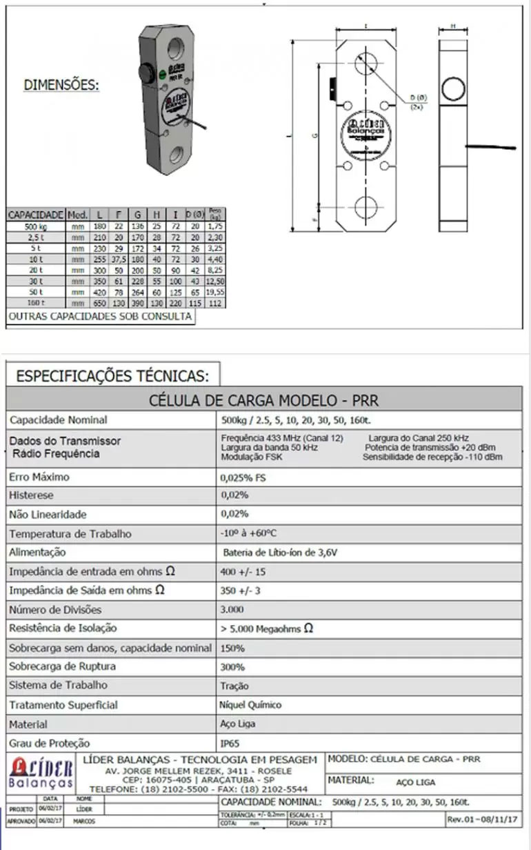 Dimensão - Célula de Carga Via Rádio PRR capacidade 500kg a 160t
